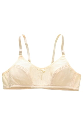 Girls Bras Bralettes Adjustable Spaghetti Strap Back Buckle Cotton Soft Comfortable Breathable Solid Color Bow Training Bra for Teen Age 9-16 Beige