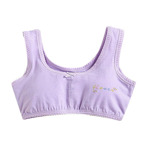 Xfvqtps Girls Bras with Padded Cotton Training Bra for Teen Big Kids Solid Color Flower Print Bow Comfortable Breathable Girls Bras for 10-16 Years Purple-04