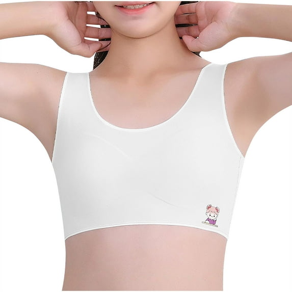 Xfvqtps Girls Bras with Padded Fixed Cup Seamless Soft Comfortable Breathable Solid Color Wave Hem Cute Girls Print Training Bra for Teen Big Kids Girls Bras for 9-12 Years White