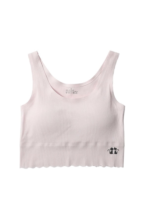 Girls Bras with Padded Fixed Cup Seamless Wave Hem Medium Length Style Soft Comfortable Breathable Solid Color Stripe Cute Cat Print Training Bra for Teen Age 8-12 Pink