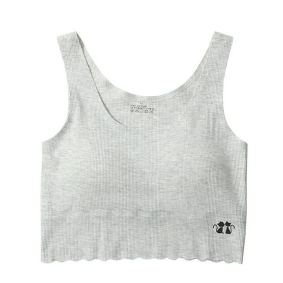 Xfvqtps Girls Bras with Padded Fixed Cup Seamless Wave Hem Medium Length Style Soft Comfortable Breathable Solid Color Stripe Cute Cat Print Training Bra for Teen Age 8-12 Gray