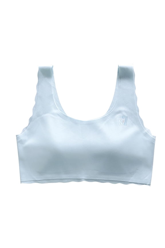 Girls Bras with Padded Fixed Cup Seamless Wavy Edge Ice Silk Cooling Training Bra for Teen Big Kids Clavar N7 Embroidery Comfortable Breathable Girls Bras for 12-15 Years Blue