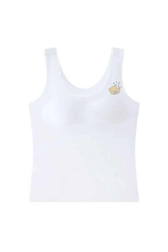 Girls Bras with Padded Long Style Fixed Cup Seamless Soft Comfortable Breathable Solid Color Cute Fox Print Training Bra for Teen Bras for 9-12 Years White