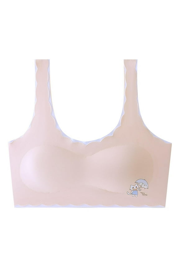 Girls Bras with Padded Short Style Fixed Cup Seamless Wave Hem Soft Comfortable Breathable Cute Cat Print Training Bra for Teen Bras for 12-15 Years Pink