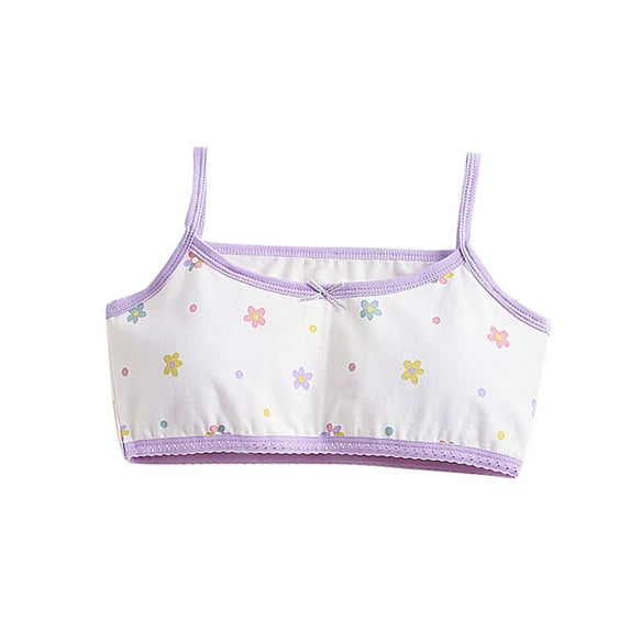 Xfvqtps Girls Bras with Padded Spaghetti Strap Cotton Training Bra for Teen Big Kids Colorful Flower Print Bow Comfortable Breathable Girls Bras for 10-16 Years Purple-02