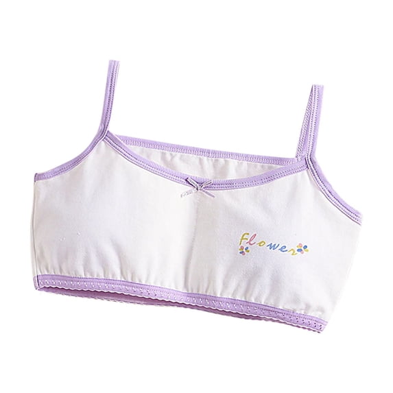 Xfvqtps Girls Bras with Padded Spaghetti Strap Cotton Training Bra for Teen Big Kids Flower Print Bow Comfortable Breathable Girls Bras for 10-16 Years Purple-03