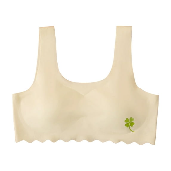 Xfvqtps Girls Bras with Padded Fixed Cup Seamless Wave Hem Soft Comfortable Breathable Solid Color Leaf Print Training Bra for Teen Age 8-11 Yellow