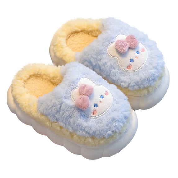 Xfvqtps Girls Fuzzy Slippers Cute Bowknot Rabbit Princess Fluffy Slip on Memory Foam Soft Sole Non Slip Thickened Comfortable Warm Indoor Winter House Slippers Sky Blue