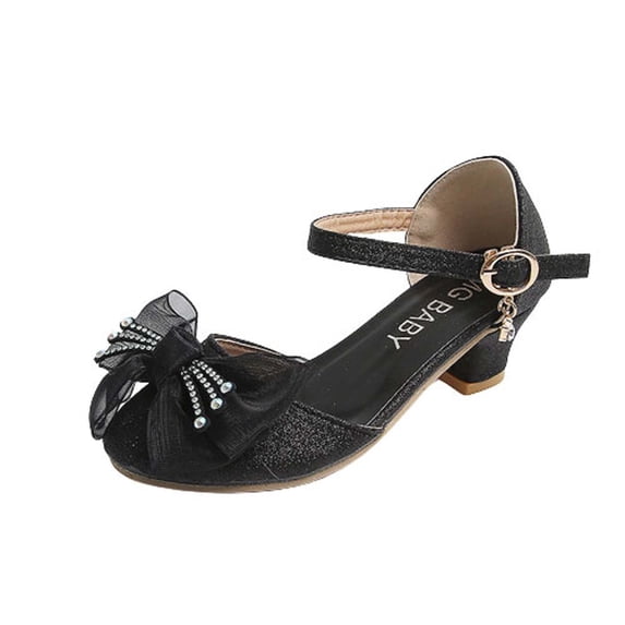 Xfvqtps Girls Heels Princess Shoes Rhinestone Lace Bowknot Sparkling Closed Toe Heels Ankle Strap Pendant Dance Wedding Party Spring Summer Dress Pump Shoes Black
