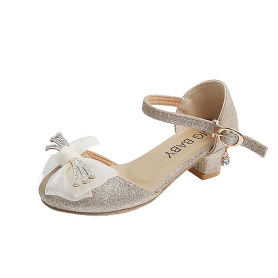 Xfvqtps Girls Heels Princess Shoes Rhinestone Lace Bowknot Sparkling Closed Toe Heels Ankle Strap Pendant Dance Wedding Party Spring Summer Dress Pump Shoes Gold