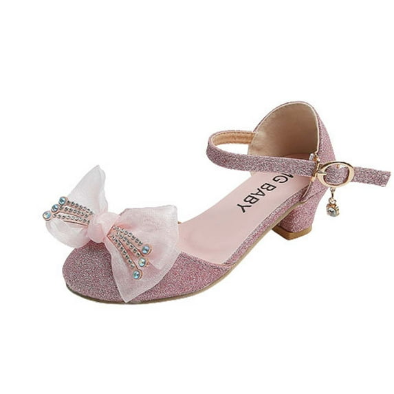 Xfvqtps Girls Heels Princess Shoes Rhinestone Lace Bowknot Sparkling Closed Toe Heels Ankle Strap Pendant Dance Wedding Party Spring Summer Dress Pump Shoes Pink