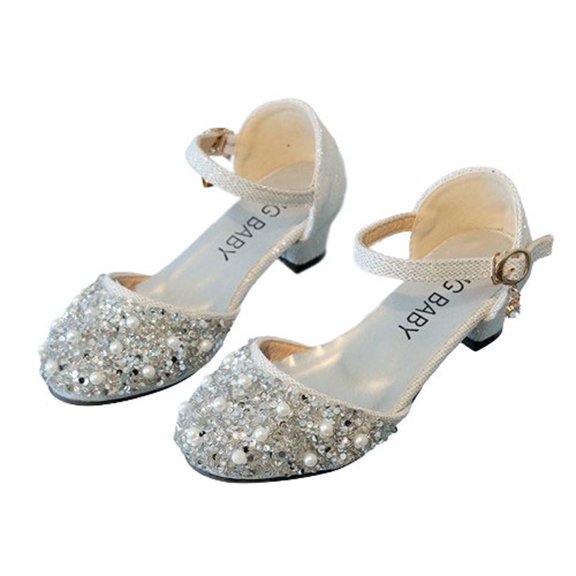Xfvqtps Girls Heels Princess Shoes Rhinestone Sparkling Closed Toe Heels Ankle Strap Pendant Dance Wedding Party Spring Summer Dress Pump Shoes Silver