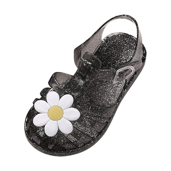 Xfvqtps Girls Jelly Sandals Closed Toe Cross Straps Hollow out Sequin Flower Decoration Adjustable Buckle Durable Non Slip Washable Lightweight Summer PVC Water Shoes for 2-9 Years Black