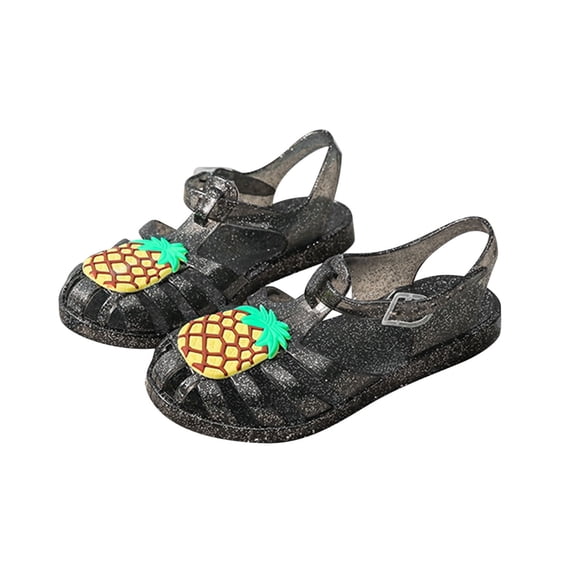 Xfvqtps Girls Jelly Sandals Closed Toe Cross Straps Hollow out Sequin Fruit Decoration Adjustable Buckle Durable Non Slip Washable Lightweight Summer PVC Water Shoes for 2-9 Years Black
