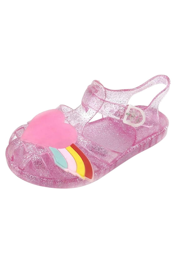 Girls Jelly Sandals Cross Straps Closed Toe Hollow out Sequin Love Rainbow Decoration Adjustable Buckle Durable Non Slip Washable Lightweight Summer PVC Water Shoes for 2-10 Years Pink