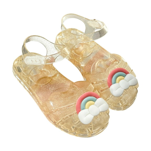 Xfvqtps Girls Jelly Sandals Cross Straps Closed Toe Hollow out Sequin Rainbow Bow Decoration Hook and Loop Durable Non Slip Washable Lightweight Summer PVC Water Shoes for 2-6 Years Yellow