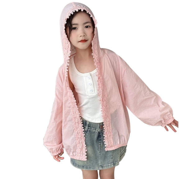 Xfvqtps Girls Light Jacket Sun Protection Hoodie Button Lace Long Sleeve Summer Shirts UV for Outdoor Pink