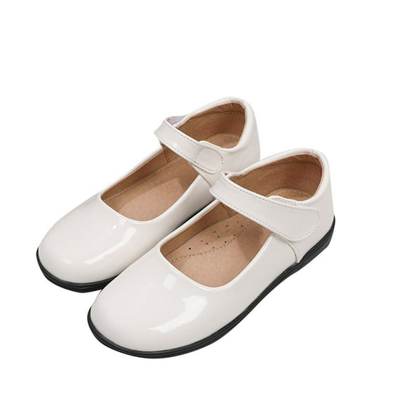 Xfvqtps Girls Mary Jane Dress Shoes Glossy Solid Color Simplicity Round Toe Flat Thick Sole Hook and Loop Soft Sole Non Slip Comfortable Performance Wedding Uniform Leather Casual Shoes White