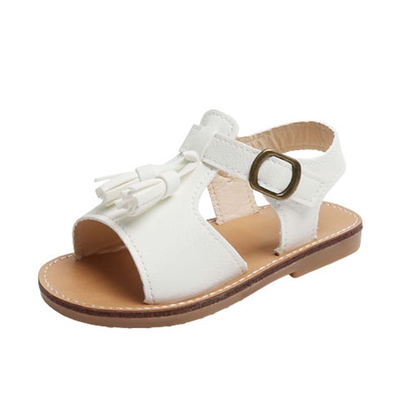 Xfvqtps Girls Sandals Open Toe Tassels Hook and Loop Buckle Princess Solid Color Soft Sole Non Slip Comfortable Breathable Summer Leather Flats for 15 Months-6 Years White
