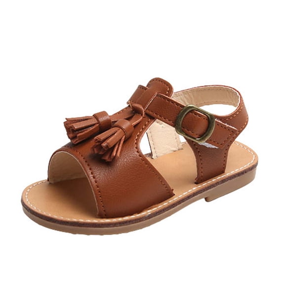 Xfvqtps Girls Sandals Open Toe Tassels Hook and Loop Buckle Princess Solid Color Soft Sole Non Slip Comfortable Breathable Summer Leather Flats for 15 Months-6 Years Brown