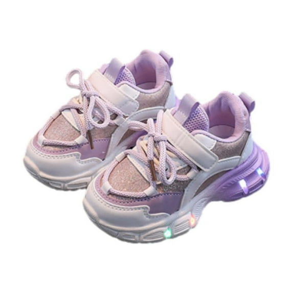 Xfvqtps Girls Sneakers Slip On Bling Shiny Breathable Non-Slip Lightweight LED Shoes Mesh Running Shoes New Sports Shoes Children Casual All Comfortable Shoes Purple