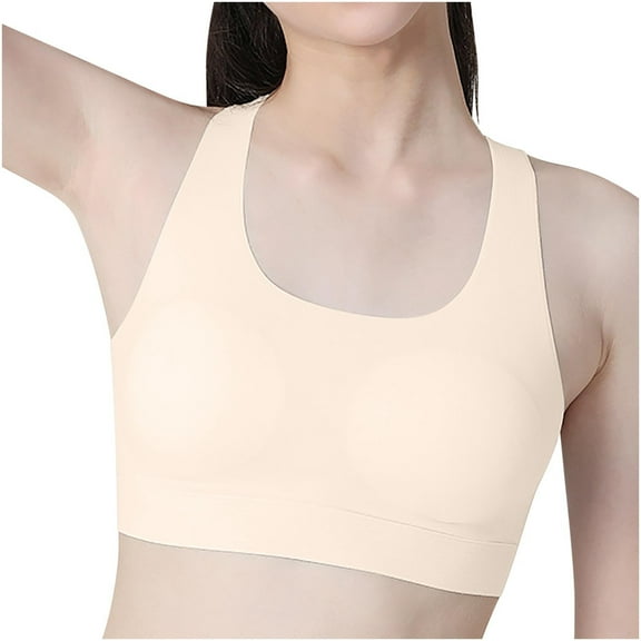 Xfvqtps Girls Sports Bras with Padded Fixed Cup Seamless Racerback Soft Comfortable Breathable Solid Color Training Bra Teen Bras for 12-15 Years Beige