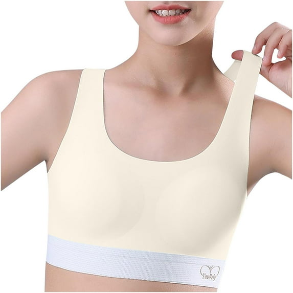 Xfvqtps Girls Sports Bras with Padded Fixed Cup Seamless Soft Comfortable Mesh Breathable Color Block Training Bra for Big Kids Teen Bras for Girls Ages 12-15 Beige