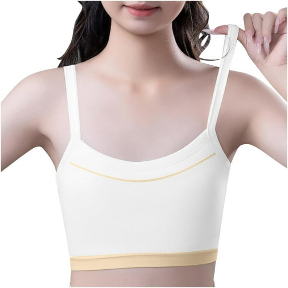 Xfvqtps Girls Sports Bras with Padded Fixed Cup Seamless Spaghetti Strap Soft Comfortable Breathable Color Block Training Bra for Big Kids Teen Bras for Girls Ages 12-15 White