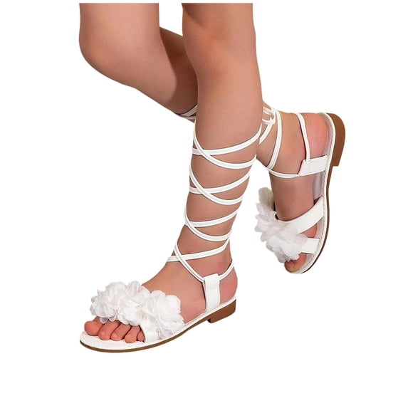 Xfvqtps Girls Strappy Roman Sandals Floral Decor Lace up Criss Cross Straps Open Toe Non Slip Summer Princess Shoes Gladiator Slide Sandals