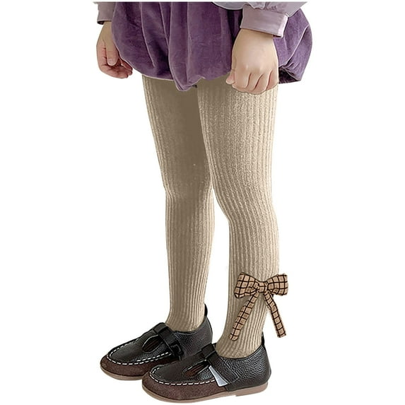 Xfvqtps Girls Tights Knit Cable Lattice Bow Decoration Solid Color Thickened Elastic Soft Comfortable Warm Winter Pantyhose for 1-12 Years Khaki