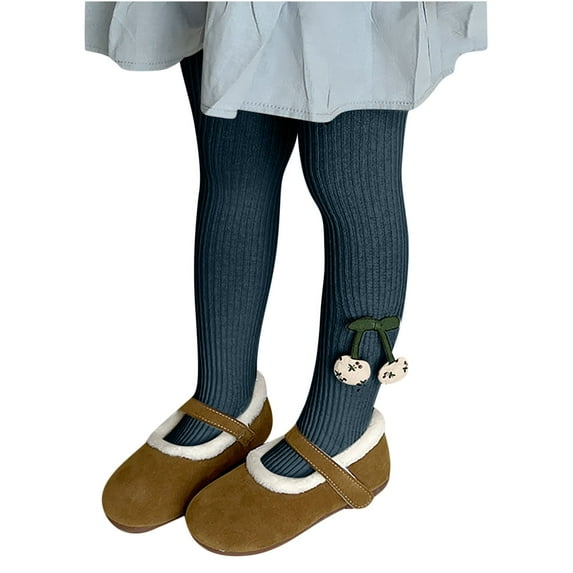 Xfvqtps Girls Tights Knit Cable Solid Color Cherry Decoration Thickened Elastic Soft Comfortable Warm Winter Pantyhose for 2-12 Years Dark Blue