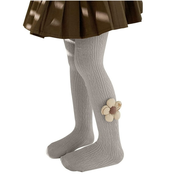 Xfvqtps Girls Tights Knit Cable Solid Color Flower Decoration Thickened Elastic Soft Comfortable Warm Winter Pantyhose for 2-12 Years Gray