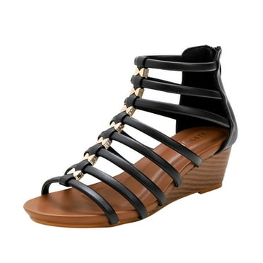 Xfvqtps Gladiator Sandals for Women Wedge Back Zipper Strappy Open Toe Low Heel Dressy Beach Summer Roman Sandals Black