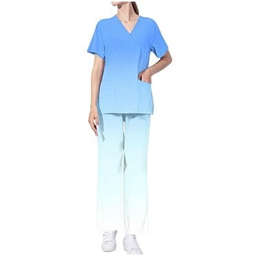 Xfvqtps Gradient Scrub Set for Women V-Neck Stretch Scrub Top and Elastic Waist Scrub Pants Short Sleeve Protective Suit Set Working Uniforms with Pockets Dark Blue