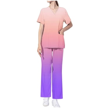 Xfvqtps Gradient Scrub Set for Women V-Neck Stretch Scrub Top and Elastic Waist Scrub Pants Short Sleeve Protective Suit Set Working Uniforms with Pockets Dark Purple