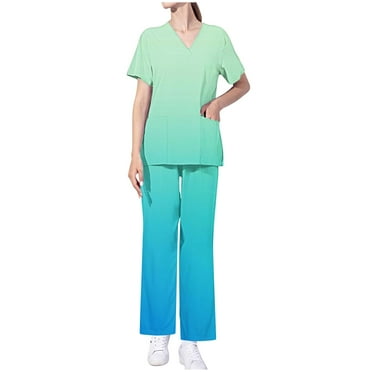 Xfvqtps Gradient Scrub Set for Women V-Neck Stretch Scrub Top and Elastic Waist Scrub Pants Short Sleeve Protective Suit Set Working Uniforms with Pockets Mint Green