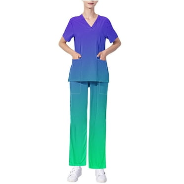 Xfvqtps Gradient Scrub Set for Women V-Neck Stretch Scrub Top and Elastic Waist Scrub Pants Short Sleeve Protective Suit Set Working Uniforms with Pockets Green