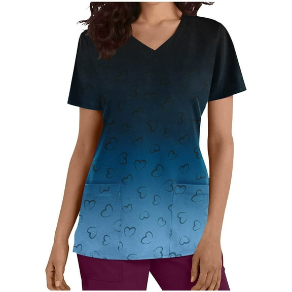 Xfvqtps Gradient Scrub Tops for Women Wrinkle-Resist Nursing Uniform Casual V-Neck Print Short Sleeve Nurse Top with Pocket Blue