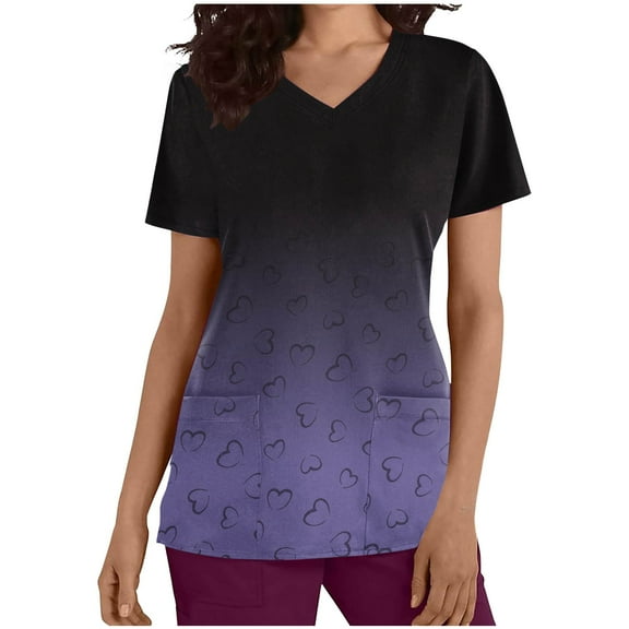 Xfvqtps Gradient Scrub Tops for Women Wrinkle-Resist Nursing Uniform Casual V-Neck Print Short Sleeve Nurse Top with Pocket Purple