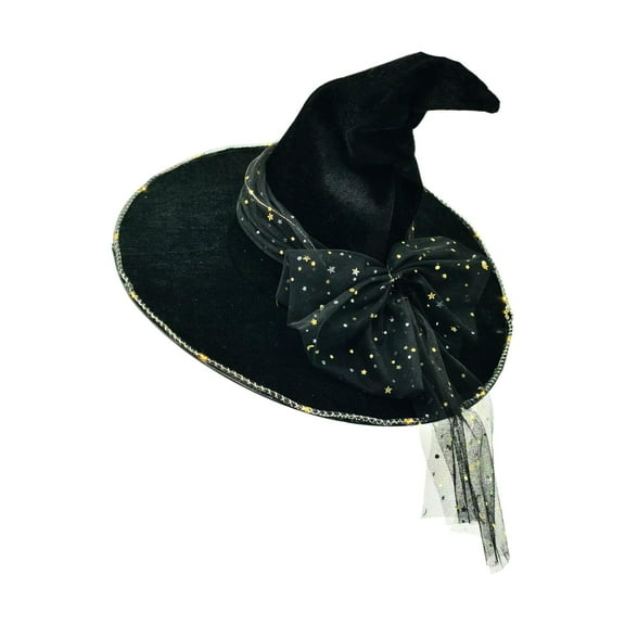 Xfvqtps Halloween LED Witch Hat Bow Mesh Star Print Halloween Spire Hat for Party Accessory Black