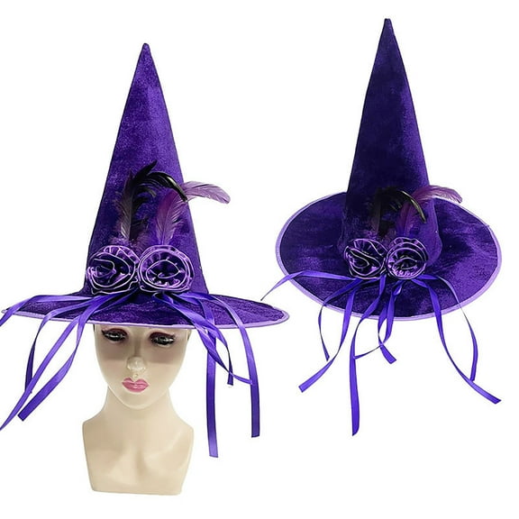 Xfvqtps Halloween Witch Hat Flower Feather Straps Decor Halloween Spire Hat for Party Accessory Purple