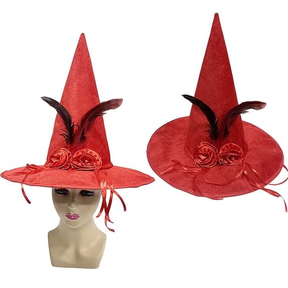 Xfvqtps Halloween Witch Hat Flower Faux Feather Straps Decor Halloween Spire Hat for Party Accessory Red