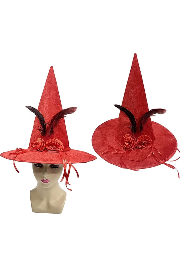 Halloween Witch Hat Flower Faux Feather Straps Decor Halloween Spire Hat for Party Accessory Red