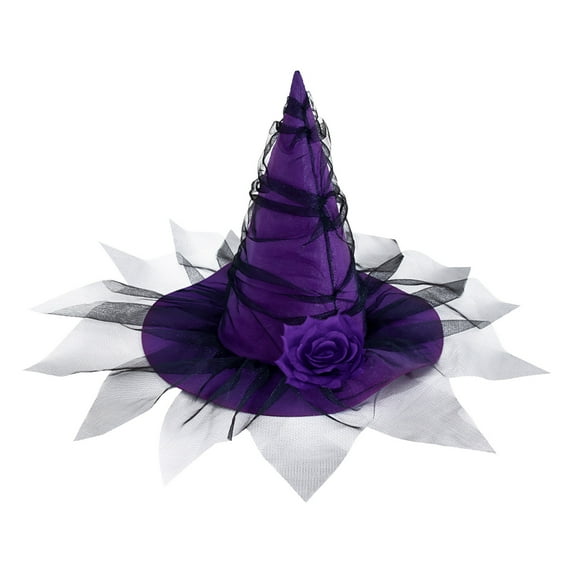 Xfvqtps Halloween Witch Hat Mesh Lace Flower Halloween Spire Hats for Party Accessory Purple