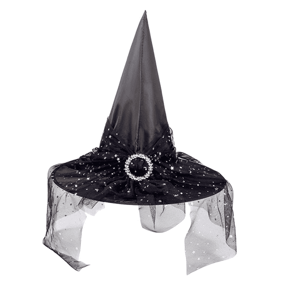 Xfvqtps Halloween Witch Hat Mesh Lace Rhinestone Buckle Halloween Spire Hats for Party Accessory Black