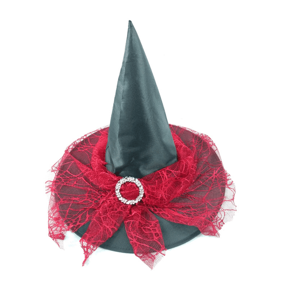 Xfvqtps Halloween Witch Hat Mesh Lace Rhinestone Buckle Halloween Spire Hats for Party Accessory Red