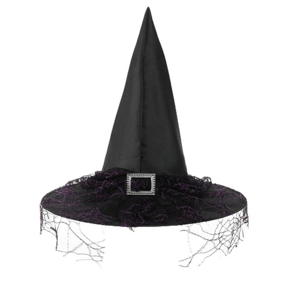 Xfvqtps Halloween Witch Hat Mesh Square Buckle Decor Halloween Spire Hats for Party Accessory Purple