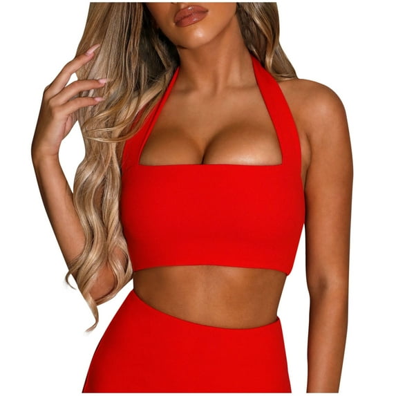 Xfvqtps Halter Bra for Women Low Support Back Zipper Yoga Backless Sports Bra Padded Halter Top Red