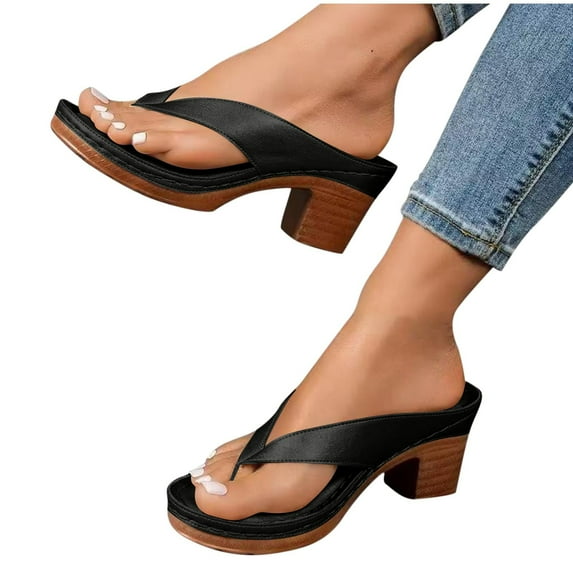 Xfvqtps Heel Sandals for Women Flip Flops Slide Block Chunky Heel Soft Sole Beach Summer Backless Pumps Black