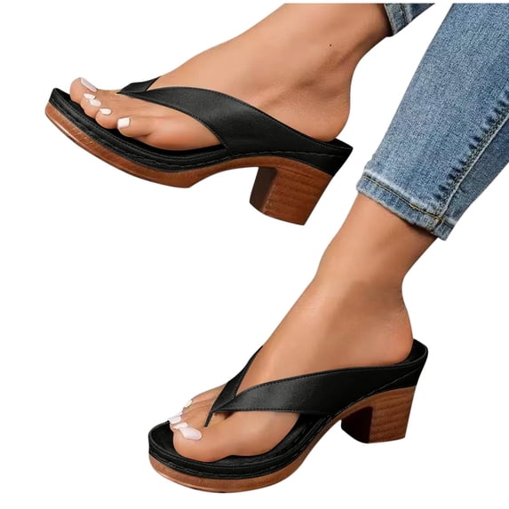 Xfvqtps Heel Sandals for Women Flip Flops Slide Block Chunky Heel Soft Sole Beach Summer Backless Pumps